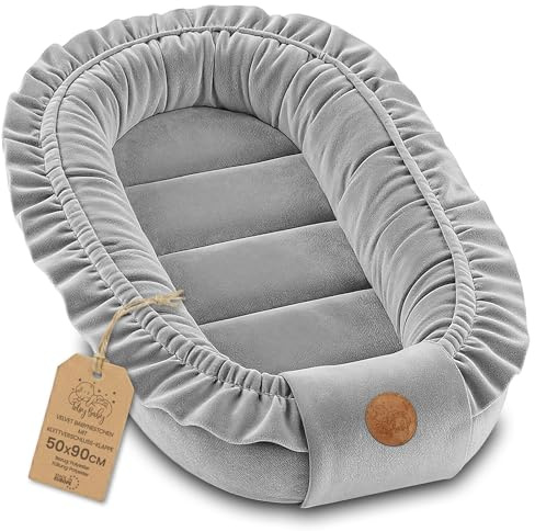 Gosigt Bebisnäste Nyfödd – Baby Nest mjukt bärbart och bekvämt för Spjälsäng Barnsäng Vagga Barnrum och Resa – ombonat mysigt för Pojke Flicka 90x50 cm Grå