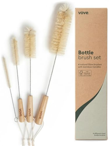 Vove 4-Piece Natural Sisal Bottle Brush Set with Bamboo Handles, Plastic-Free, Includes Straw Cleaner, Stainless Steel Wire, FSC Certified Bamboo, Zero Waste, Kraft Packaging