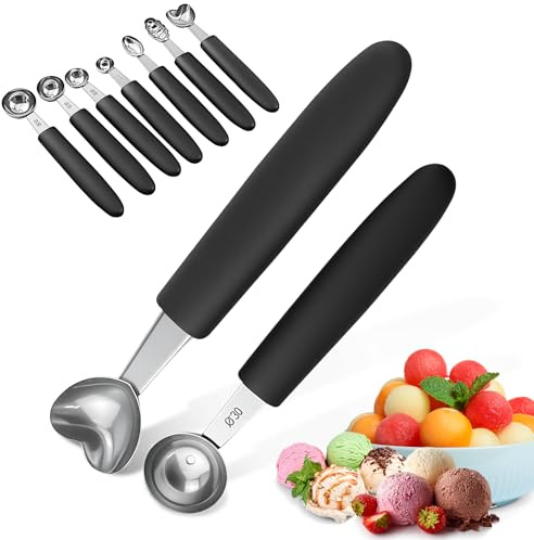 HISUEKIG 7Pcs Melon Baller Scoop, Stainless Steel Ice Cream Scoop, Melon Ballers Melon Scoop for Cutting and Scooping Fruit Melons Cake Scoop Cake Press Mold Spoon
