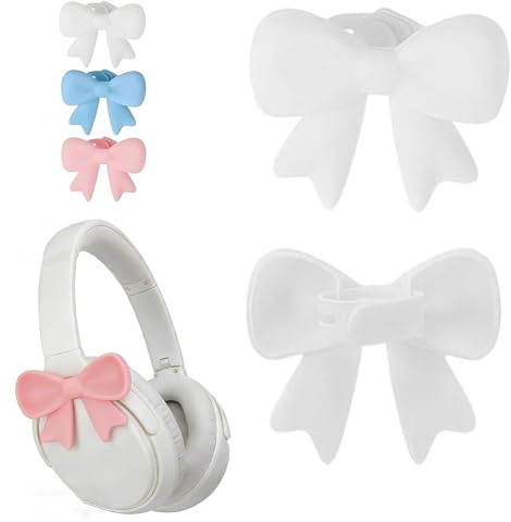 2 PCS Silicone Bow Headphone Accessory - Pink Bow Headphone Attachments, Cute Silicone Headphones Accessories Clips, Soft Bow Decor for Headphones & Headsets (White)