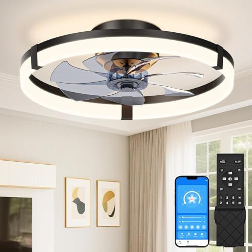Vutlace Ceiling Fans with Lights and Remote Control, 50cm Flush Mount, 6 Speeds & 3000K–6500K Stepless Dimmable Quiet, Modern Black Ceiling Fan for The Bedroom, Kitchen and Living Room