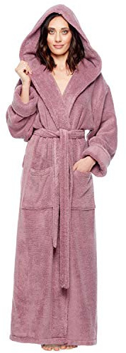 Arus Women's Soft Twist Hooded Full Length Turkish Cotton Long Bath Robe, Plum, Large