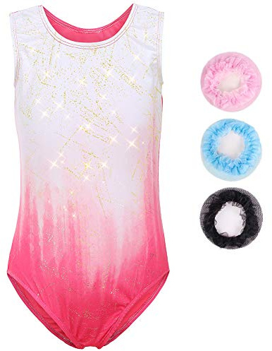 Sinoeem Gymnastikanzug für Mädchen, Farbverlauf, mehrfarbig, lang/kurze Ärmel, Gymnastikanzug für Kinder, 3-12 Jahre (Pink - Kurzarm, Tag 6A(5-6 Jahre))