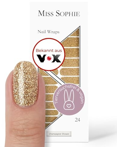 Original Miss Sophie Nagelfolien Champagne Shower I 24 ultra-dünne Nagellack-Streifen mit Glitzer in Gold I Für Finger- & Fußnägel I Hält auf Natur- sowie lackierten, Acryl-, Gel- & Shellac-Nägeln