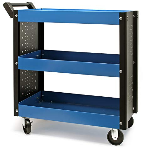 Wiltec Werkstattwagen mit 3 Etagen, 150 kg, 83x38x90 cm, Handgriff, Kunststoffreifen, Bremsen, Ablageflächen mit erhöhtem Rand, Werkzeugwagen, Rollwagen