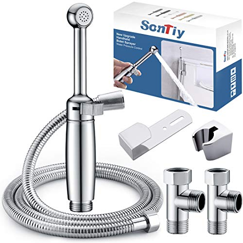 SonTiy Grifo Bidet para WC de Latón, 7.2 Ducha Higiénica Mano para WC con Presión Ajustable y Soporte, Ducha inodoro para Higiene Personal, Limpieza de Pañales y Baño, Cromo