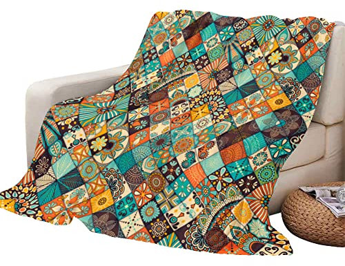 Himlaya Blau Rot Patchwork Kuscheldecke Flanell Kinder Fleecedecke Decke, Flauschige Weich Warm Wohndecke für Sofa Bett, Dicke Sofadecke Couchdecke Tagesdecke (Böhmen,150x200cm)
