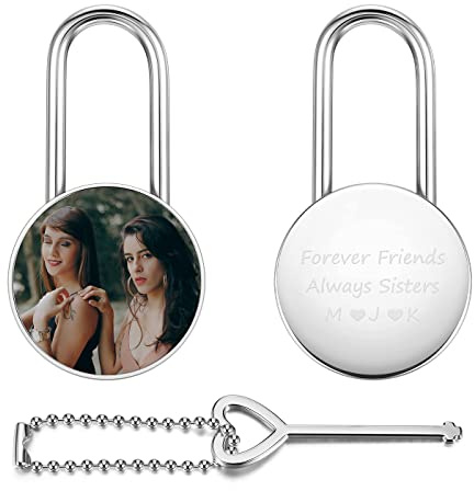 PiercingJak Personalized Photo Love Heart Lock Engraving Custom Picture Lock for Couples Men Women Boyfriend Girlfriend Lover Memorial Anniversary Valentine Bridge Padlock with Key