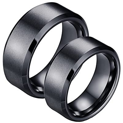 Hoisy Ring Damen Modeschmuck, Partnerringe Dunkel 8MM Schwarzer Gebürsteter Ring mit Abgeschrägter Kante Frauen 65 (20.7) und Männer 54 (17.2)