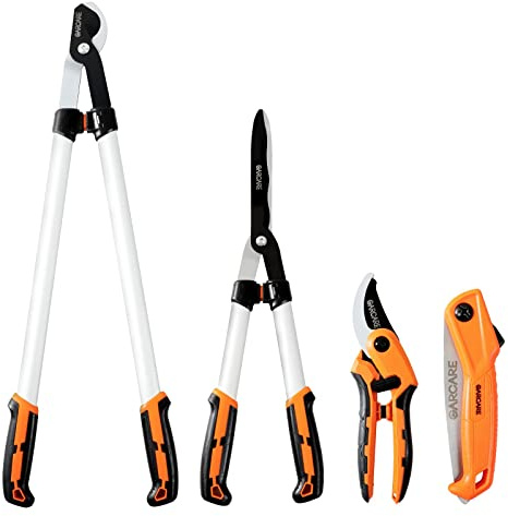 GARCARE 4 IN 1 Garden Shears Pruning Set with Bypass Pruning Shears Compound Lopper and Hedge Shears and Folding Saw with Carbon Steel Sharp Blades