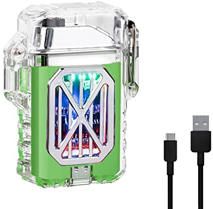 GADATOP Elektronisches wiederaufladbares Feuerzeug, elektrisches Lichtbogen-Feuerzeug, transparent, wasserdicht, Doppelbogen-Feuerzeug, LED-Power-Display, Typ-C, flammenlos, Plasma-Feuerzeug (grün)