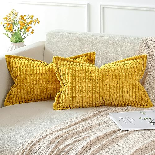 Artscope Mustard Yellow Cushion Covers Set of 2 Corduroy Decorative Square Striped Pillowcase with Stitched Edge Pillow Covers 30x50cm for Home Decor Sofa Bedroom Car