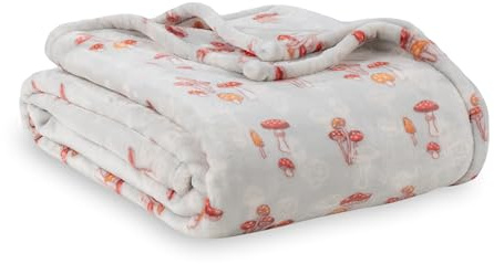 Berkshire Blanket-Classic Heavyweight Soft Printed VelvetLoft® Plush Blanket, Full/Queen Size Soft Fuzzy Warm Blanket for Couch Sofa Bed, Mushroom Field Grey, 90in x 90in