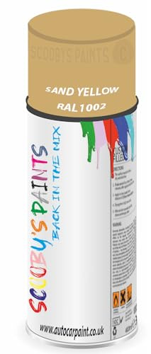 SCOOBYS PAINTS BACK IN THE MIX RAL1002 Sand yellow 400ML Aerosol Spray Paint RAL Colour Can Gloss Shinny Finish DIY Indoor/Outdoor Wood Plastic Metal Heat Resistant Steel