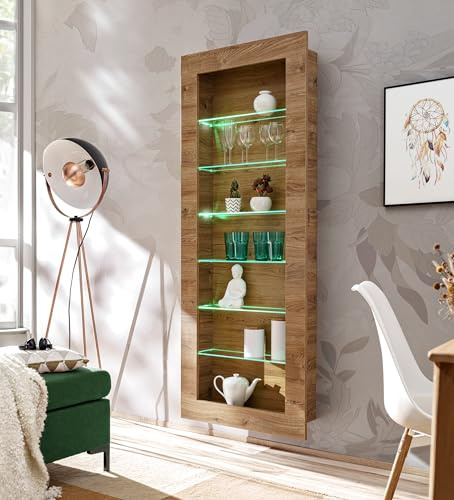 Hängende Vitrine Como, Eiche - Honigtrüffel, LED-Beleuchtung, für Wohn- und Schlafzimmer