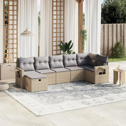 Rantry 7-TLG. Gartensofa Set mit Kissen Gartenlounge Gartenmöbel Loungesofa Balkonmöbel Ecklounge Ecksofa Sitzgruppe Loungemöbel für Balkon Terrasse Garten Beige Poly Rattan