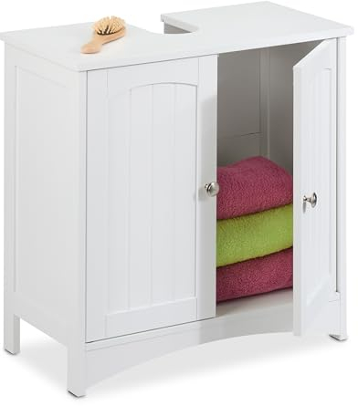 Relaxdays Waschbeckenunterschrank mit 2 Türen, HxBxT: 60 x 60 x 31 cm, aus MDF, Badunterschrank für Waschbecken, weiß