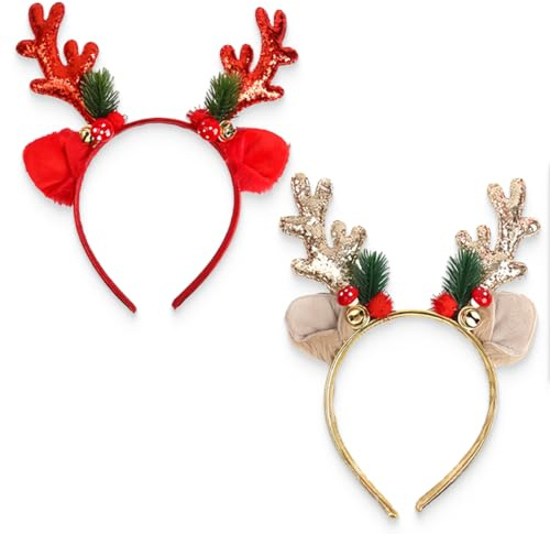 NJCXOLA 2 Piezas Diademas de Navidad, tocado de Navidad, Cuernos de Reno, diadema divertida, decoración de Navidad para niños y adultos