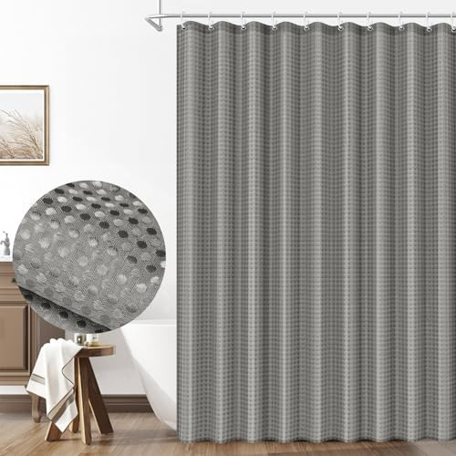 LUKDUNG Duschvorhang Waffel, 180x200cm Waffel Duschvorhang Waschbar Textil, Polyester Stoff Shower Curtain mit 12 Duschvorhangringe, Grau
