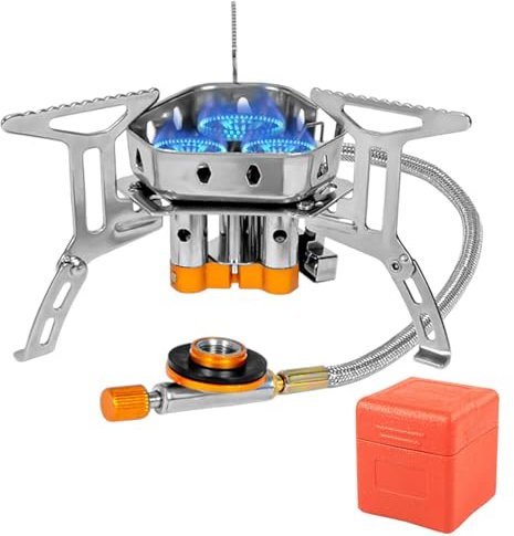 MeYuxg Hornillo de Camping de 6800 W, Hornillo de Gas con Encendido Piezoeléctrico y Caja de Transporte, a Prueba de Viento, para Cartucho de Rosca, Quemador de Gas, Pequeño Hornillo de Gas Portátil