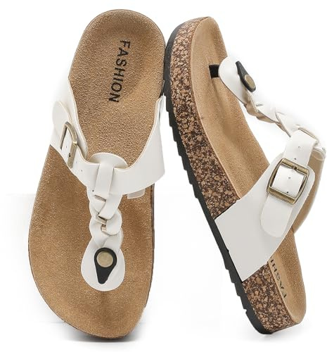 zaxunai Lässig Flach Zehentrenner Damen, Kork Fußbett Sommer Schlappen Unisex, Herren Flip flop Sandalen mit Einstellbarer Schnalle, Pantoletten Rutschfest Badelatschen, Bequem Hausschuhe