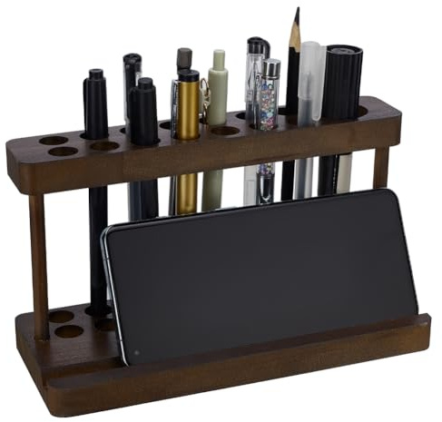 FINGERINSPIRE Portalápices y bolígrafos para escritorio, soporte de madera de pino con 15 ranuras y soporte para teléfono celular, organizador de lápices estético marrón coco para decoración de