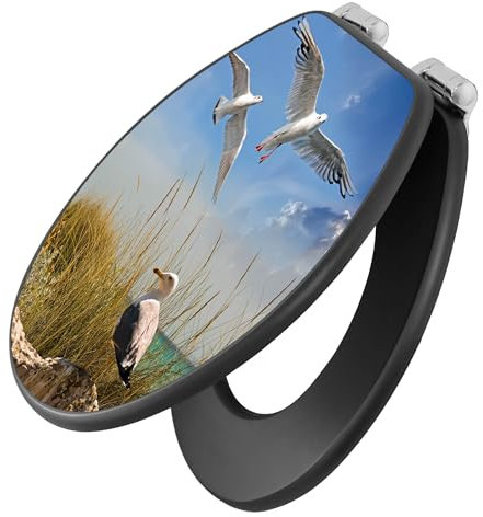 banjado Toilettendeckel anthrazit mit Absenkautomatik/WC Sitz mit Absenkautomatik anthrazit/Klodeckel grau/Toilettensitz dunkel/edle Klobrille - Motiv Möwen