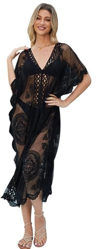 HAXNOHEY Vestidos de Encaje Playa Sheer Cover Up Vestido de Playa Mujer Transparente Maxi Cubrir Traje de Baño Vestido de Rejilla Playa