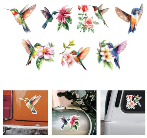 WADORN 5 Stile Lustige Kolibri Blumen Vinyl Aufkleber, Vinyl Aufkleber Mit Bunten Vögeln Und Blumen Selbstklebend Wasserdicht Autofenster Für Fenster Autos Skateboards Wände Tassen Laptops
