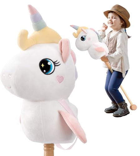 FUNLIO Cheval Bâton Interactif pour Enfants dès 3 Ans, Hobby Horse avec Sons Réalistes (Hennissement & Galop), Roues en Bois, Tête en Peluche Douce, Jouet Créatif pour Hobby Horsing – Blanc