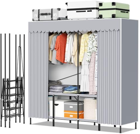 Vkechh Tragbarer Kleiderschrank Faltbar 178cm, 360° Staubschutz mit 3-Fach Schutzsystem, Stabil durch Dreieck-Verstärkung, Grauer Stoffbezug für Schlafzimmer, Wohnzimmer (100kg Tragkraft)