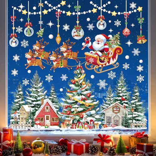 wondever Fensterbilder Weihnachtsbaum Weihnachtsmann und Rentier Deko | Wiederverwendbar, Doppelseitig Statisch PVC Fensterdeko, Fensterfolie weihnachten selbstklebend für Winter Innen Dekoration