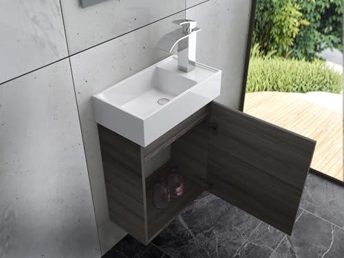 Faizee Home Waschbeckenunterschrank Grau – Mit Keramik Waschbecken – Kompakter Badschrank Badezimmerschrank für kleine Bäder & Gäste WC – Ohne Spiegel & Armatur