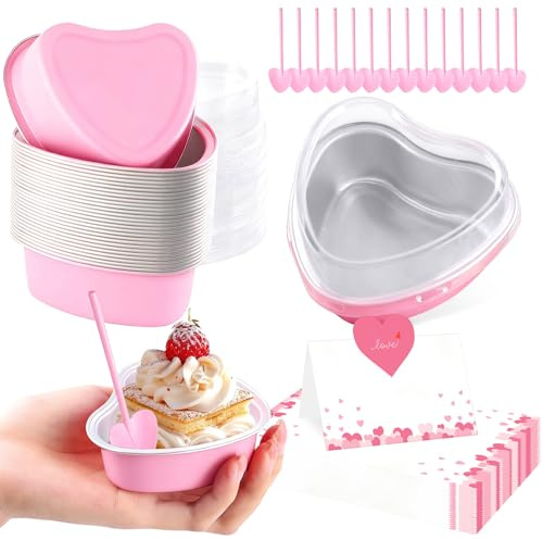 30pcs Heart Shaped Cake Pans with Lids, 3.38 OZ Mini Heart Shaped Cake Pans, Aluminum Foil Cupcake Pan with Spoon Card, Disposable Foil Baking Pans for Valentine's Day Wedding Mother's Day Party-Pink