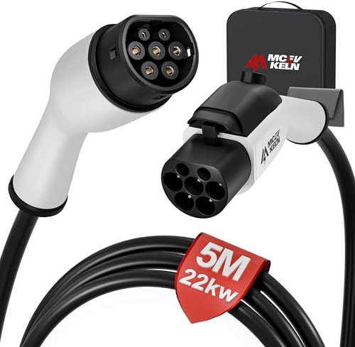 MCEVKELN Prolunga per Cavo di Ricarica Veicolo Elettrico Tipo 2, 22 kW | 32A, 3 Fasi | Cavo di Prolunga da 5 m con Serratura per Auto Ibrida ed Elettrica IEC 62196-2, Cavo di Ricarica Tipo 2