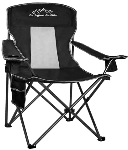 SAILARY Collapsible Folding Camping Chairs Heavy Duty Lawn Foldable Chair with Cooler Bag, Storage Pocket, Waterproof Bag Outdoor Arm Sport Chair, Supports 325LBS, Black