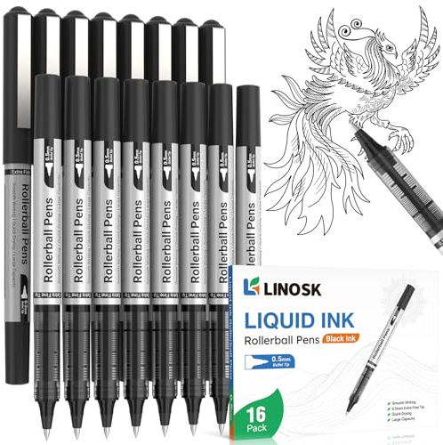 LINOSK Black Gel Pens 16-Pack, 0.5mm Fine Point Rollerball Pens with Quick-Drying Ink, Smooth Writing for School, Office, Note Taking & Sketching