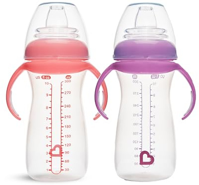 Munchkin Gentle Transition babymuggar | Genomskinliga muggar för spädbarn och småbarn med handtag och lock, läckagesäker | livsmedelsdiversifiering | 9 m+ | 296 ml | 296 ml | 2pack | rosa/lila