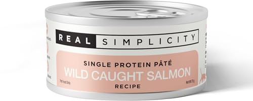 Real Simplicity Wet Cat Food Cans, Grain Free Single Protein Pate with Real Meat Shreds, Omega 3 Fatty Acids, Complete & Balanced, Wild Caught Salmon Recipe, Healthy Skin & Coat, 6 x 79g