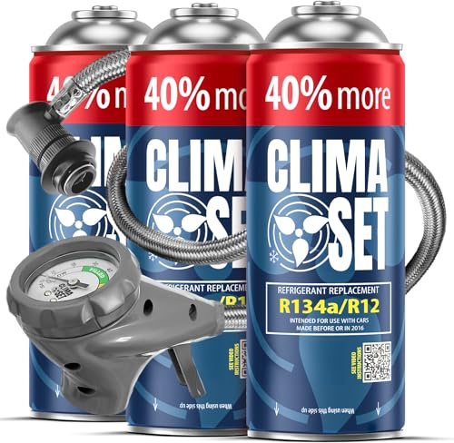 CLIMASET - Kit de Recarga de Aire Acondicionado para Coche - 3 Cartuchos de Gas y Aceite sustituto R134a + Manguera - para vehículos de 1994 a 2016, Manguera Moderna y fácil de Usar, manómetro