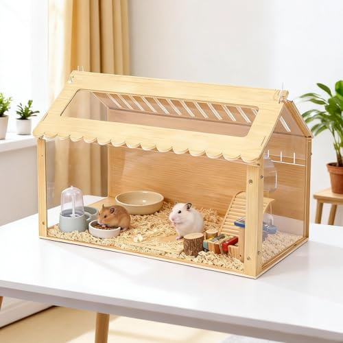 Clickovia Hamsterbur i trä, 60 x 32 x 38 cm hamsterlivsmiljö med ventilationshål, transparent små djurbur med akrylfönster och öppningsbar topp för dvärgsyrisk hamster, gerbil (inga prydnader)