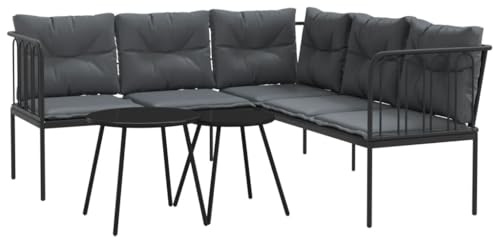 PUGYNBK Set divano esterno nero con cuscino, set da 4 pezzi in acciaio e textilene per terrazza, tavolo e tappezzeria inclusi