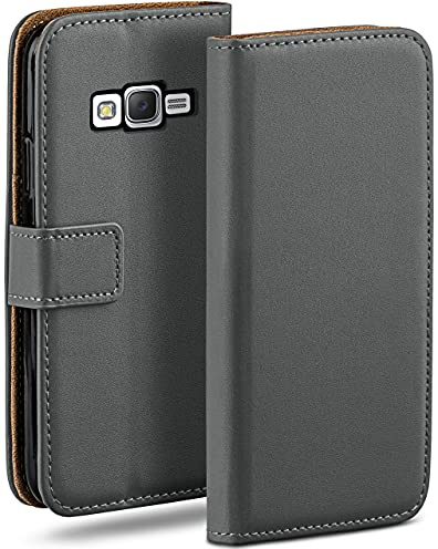 moex Book Case für Samsung Galaxy J5 (2015) Handyhülle mit Kartenfach, Hülle klappbar 360 Grad Schutzhülle, Klapphülle Flip Case Cover, PU Leder Handytasche Lederhülle, Dunkelgrau