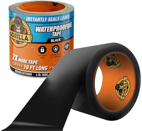Gorilla Waterproof Patch & Seal Tape, Black Tape, 4 x 10' (Pack of 1) - Permanent Weather Resistant Seal for Leaks and Repairs