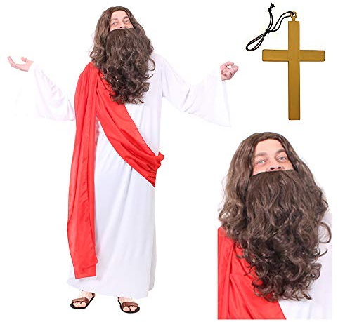 Déguisement Jésus avec Accessoires - Y Compris: Un Déguisement Jésus, Une Perruque et Barbe et un Croix Religieuse - Idéal pour vos Fêtes Halloween entre Amis et Famille - Taille Standard