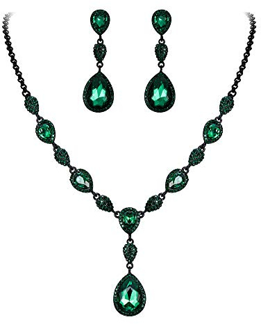 Clearine Juegos de Joyas de Mujer Conjunto de Cristales Forma Agua Gota Lágrimas Collar y Pendientes para Novia Boda Fiesta Elegante,Color Verde Negro-Tono