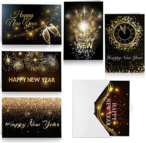 Marspark 24 Sets Happy New Year Greeting Cards 2026 Black and Gold Happy New Year Cards with Envelopes Holiday Gift Includes 24 Greeting Postcards and 24 Envelopes for Party Favors