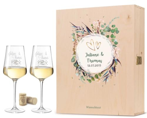 GRAVURZEILE Leonardo Weingläser mit Gravur von Namen & Datum - Flower Wedding - als Geschenk zur Hochzeit, Verlobung oder zum Jahrestag - das Hochzeitsgeschenk - Puccini Flower Design mit Holzkiste