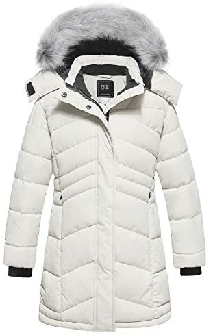 ZSHOW Cappotto con Cappuccio Antivento Giacca Lunga Caldo Invernale Giubbotto Idrorepellente Casual Parka da Viaggio Spesso Bambina Bianco 128-134