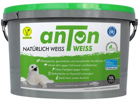 Anton Weiss® vegane Wandfarbe weiss | 10L | geruchsneutral & atmungsaktiv | ökologische Mineralfarbe weiß stumpfmatt | hohe Deckkraft | beugt Schimmel vor